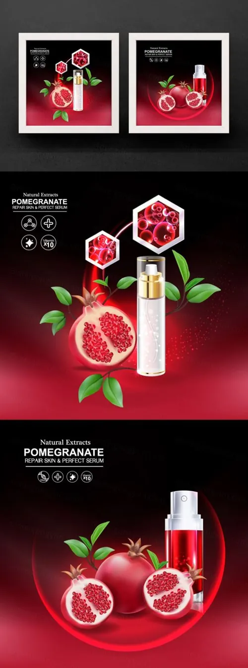 红石榴护肤精华广告宣传矢量海报素材 Pomegranate Repair