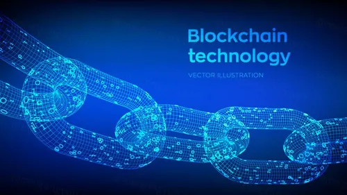 3D线稿比特币区块链技术去中心化概念EPS矢量插画素材 Blockchain Technology