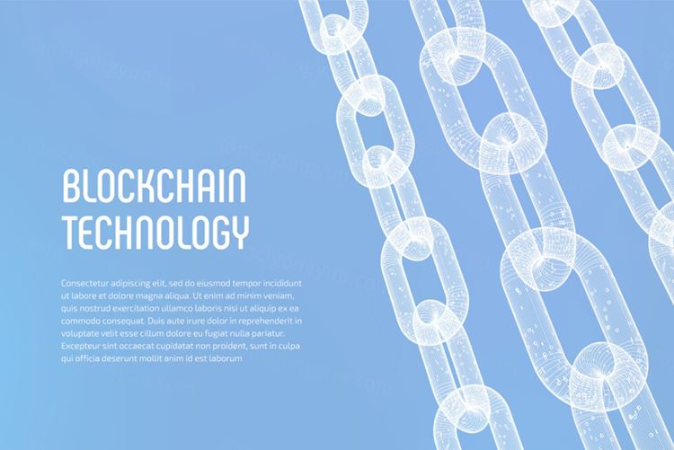 3D线稿比特币区块链技术去中心化概念EPS矢量插画素材 Blockchain Technology