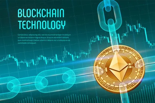 金黄以太坊硬币比特币区块链技术去中心化概念EPS矢量插画素材 Blockchain Technology