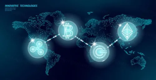 全球比特币区块链技术去中心化概念EPS矢量插画素材 Blockchain Technology