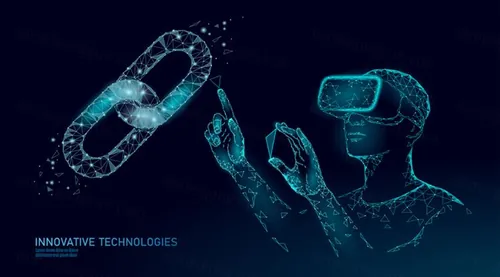 VR虚拟现实辅助管理数据操作在线数字财务系统区块链EPS矢量插画素材