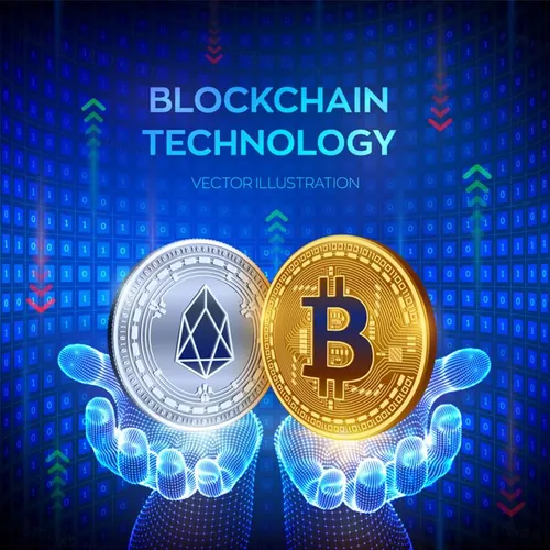 抽象手捧虚拟数字货币比特币区块链EPS矢量插画素材 Blockchain Technology