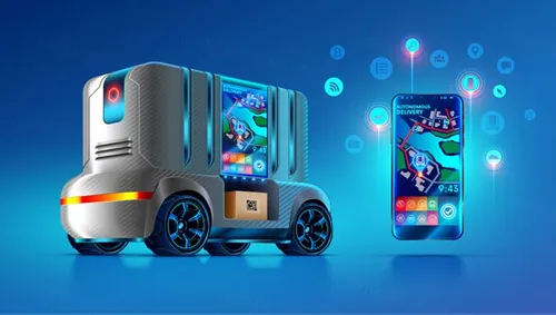 自动无人驾驶智能汽车自动送货未来概念宣传插画素材