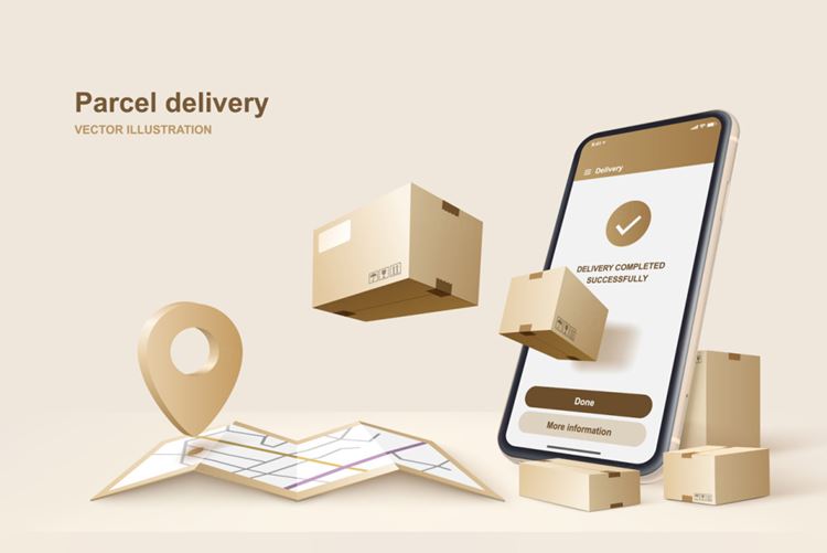 高质量包裹物流快递服务进度通知地图坐标矢量插画素材 Parcel delivery