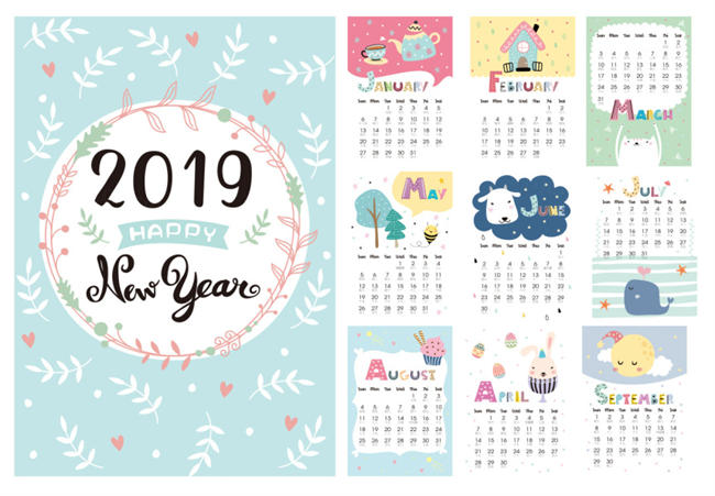 年卡通猪创意日历EPS矢量模版 Cute Calendar for . vector illustration