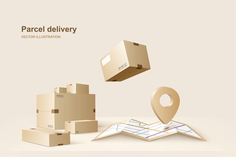 高质量包裹物流快递服务进度通知地图坐标矢量插画素材 Parcel delivery