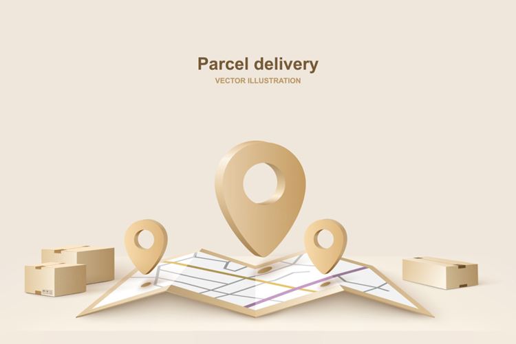 高质量包裹物流快递服务进度通知地图坐标矢量插画素材 Parcel delivery