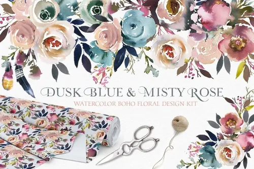 暗蓝色波希米亚风格水彩花卉插画 Dusk Blue Mist