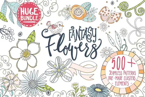 手绘水彩花卉蝴蝶树叶矢量图形 Fantasy Floral
