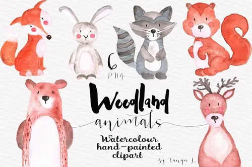 水彩森林卡通动物素材 Watercolor woodland