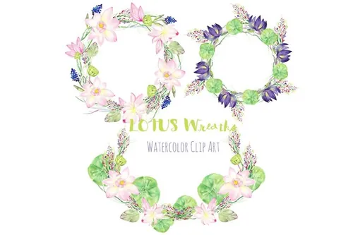 莲花花环水彩插画 Lotus wreaths. Waterc