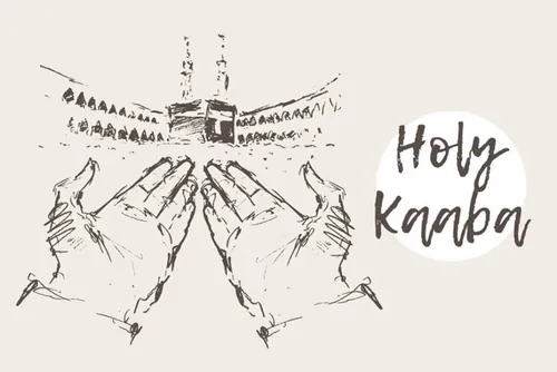 圣洁的天房与祈祷的手素描插画 Holy Kaaba with praying