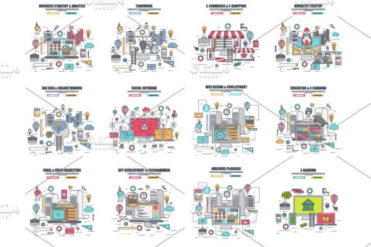 矢量商业插画 Bundle of Thin Line Bus