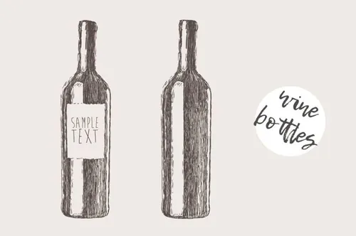 红酒酒瓶素描插画 Wine bottles , engraved style