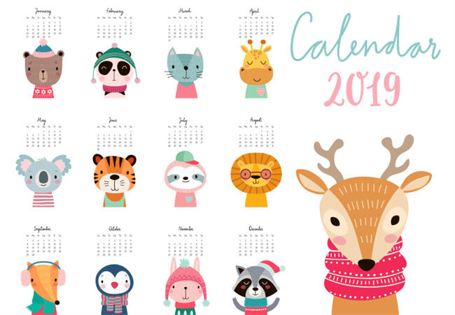年可爱动物日历EPS矢量模板素材 Calendar