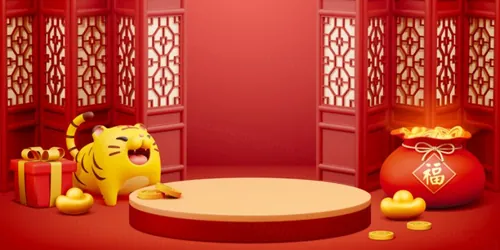 虎年东方中国新年3D卡通可爱老虎宝宝形象喜庆插图海报EPS矢量模板素材下载