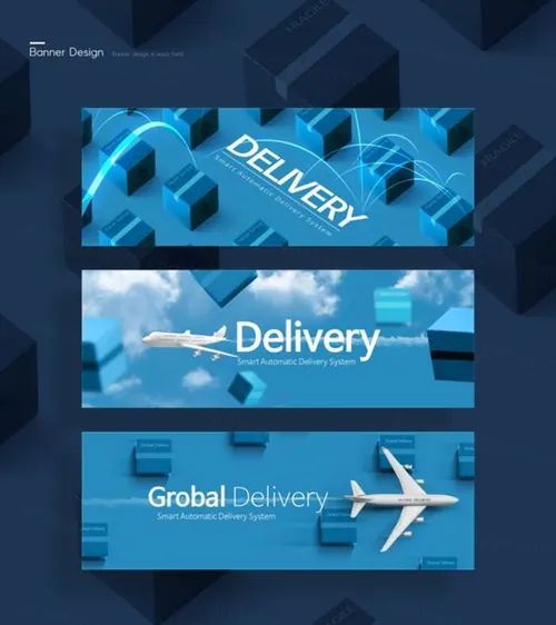 蓝色天空上的白色飞机横幅海报模板