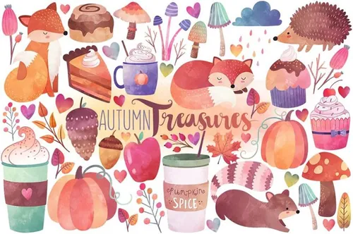 手绘水彩秋季主题设计素材Watercolor Autumn Clipart Bundle