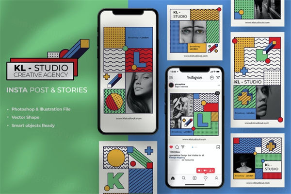 时尚高端波普艺术新孟菲斯风格Instagram社交媒体banner海报设计模板集合-AI，PSD