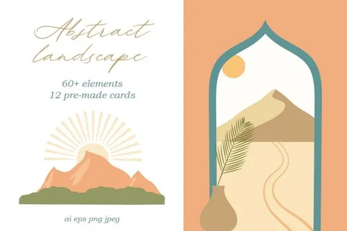 抽象山川河流星辰手绘简约插画素材设计套件 Abstract
