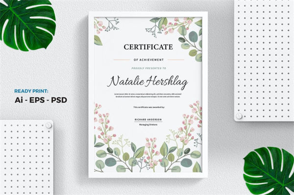 时尚高端简约清新手绘植物水彩风格的宣传单海报设计模板