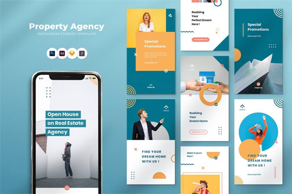 时尚高端简约清新新孟菲斯房地产海报banner设计模板