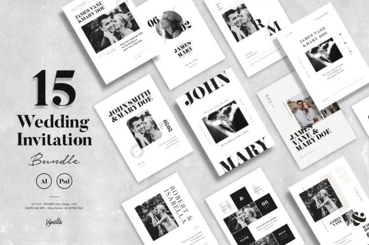 时尚高端简约专业的高品质结婚婚礼请帖请柬海报设计VI设计模板集合-AI，PSD