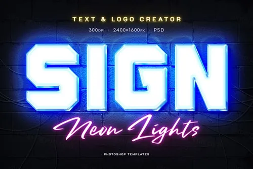 酒吧KTV三维霓虹灯灯光3D立体字特效PSD模板 Neon Signboard