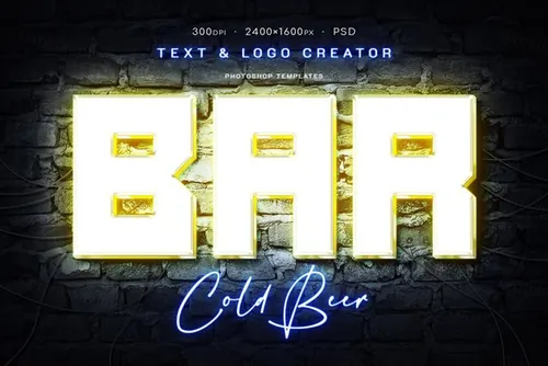 酒吧KTV三维霓虹灯灯光3D立体字特效PSD模板 Neon Signboard