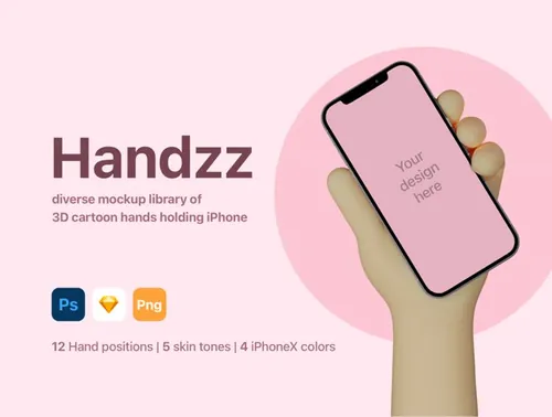 不同人种肤色卡通3D立体手持手机UI贴图设计提案样机模板 Handzz [PSDSketch]