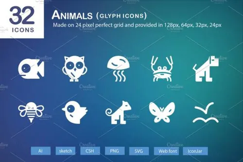 可爱单色动物轮廓图标 32 Animals Glyph Icons