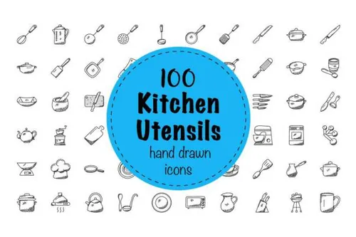 涂鸦风格厨房用具图标Doodles of Kitchen Utensils