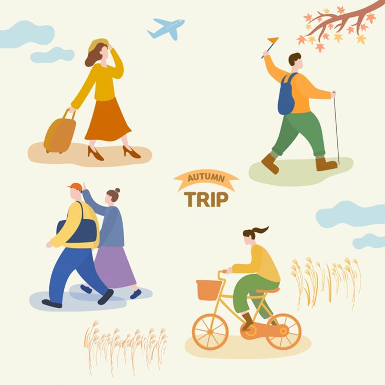 秋天户外徒步骑行旅游秋季休闲娱乐活动矢量插画人物素材 Autumn Climbing