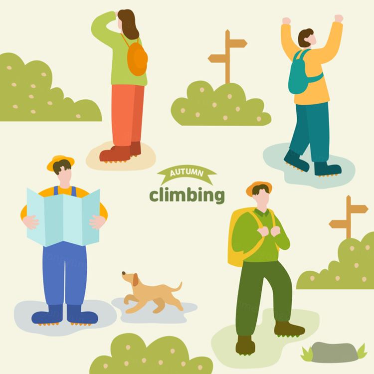 秋天户外徒步骑行旅游秋季休闲娱乐活动矢量插画人物素材 Autumn Climbing