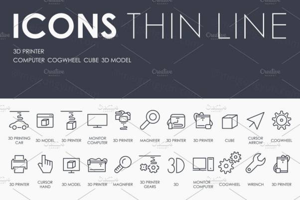 白色背景办公维修工具细线图标 3d printer thinline icons