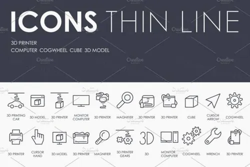 白色背景办公维修工具细线图标 3d printer thinline icons