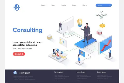 企业咨询主题等距概念插画网站着陆页模板 Consulting Isom