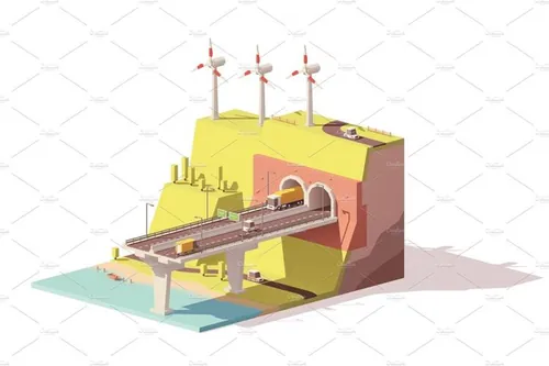 立体3D桥梁建筑设计Vector low poly highway and wind farm