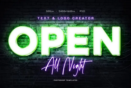 酒吧KTV三维霓虹灯灯光3D立体字特效PSD模板 Neon Signboard