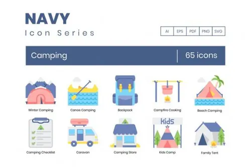户外露营旅行主题海军蓝图标素材 65 Camping Icons Navy