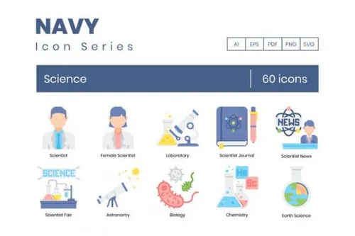 科学技术主题海军蓝图标素材 60 Science Icons Navy Seri