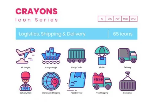 65枚蜡笔手绘物流与航运主题图标 65 Logistics amp;amp; S