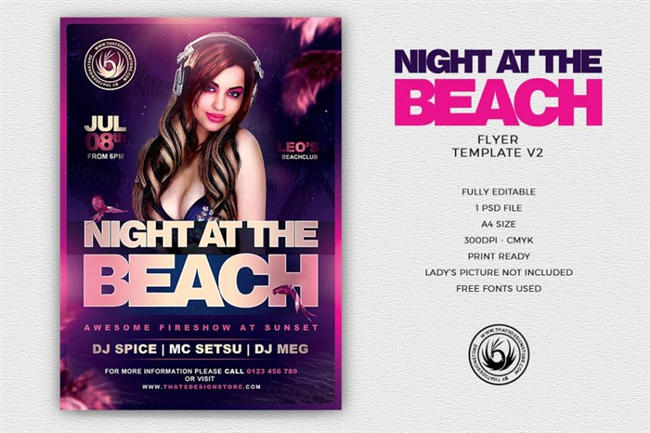 海滩聚会主题海报传单模板 Night at the Beach Flyer