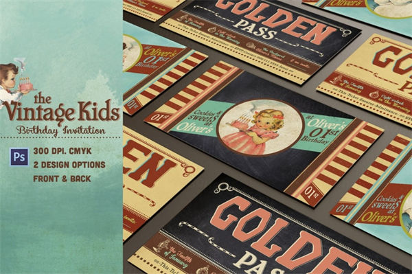 复古的儿童孩子生日会邀请函邀请卡