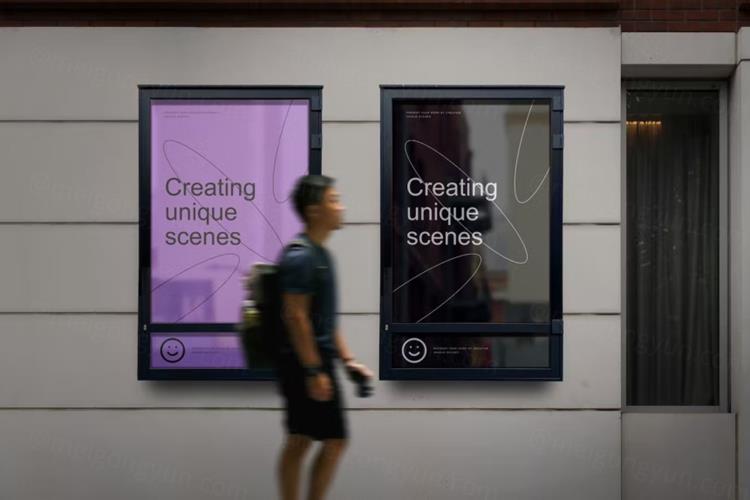 户外街头玻璃橱窗广告海报设计贴图展示样机模板 Adverti