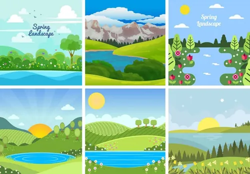 矢量春季春天湖泊田园插画元素Field flower vec