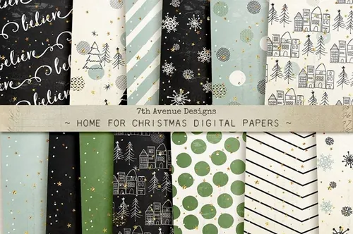 手绘图案无缝背景Home for Christmas Digital Papers