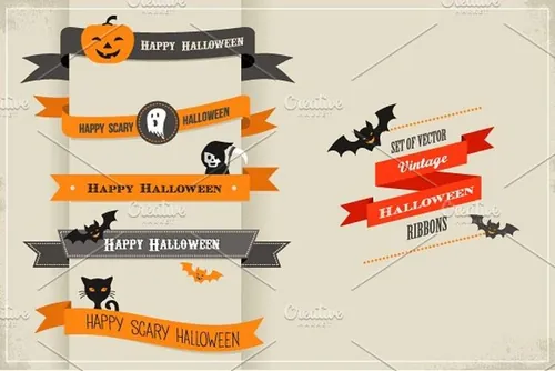万圣节横幅丝带插图素材Happy Halloween - ribbons set