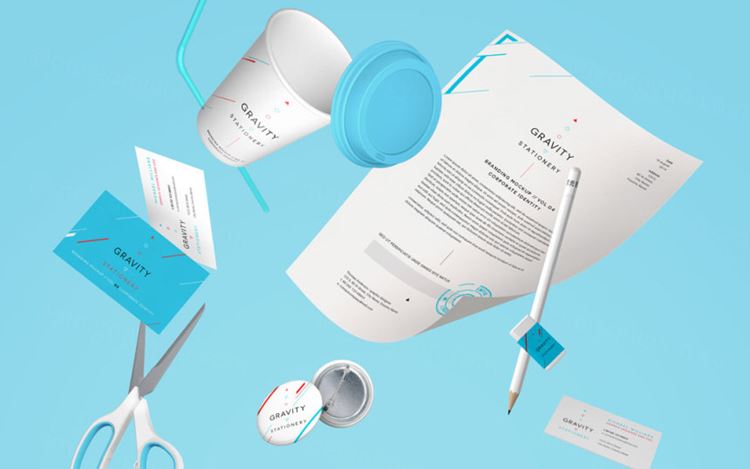 现代时尚悬浮效果文具品牌贴图样机PSD模板Gravity Stationery Branding Vol069